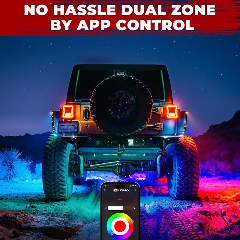 DITRIO 12 Pods Five Sided RGB Rock Lights for Trucks Jeep UTV SUV ATV Golf Cart, Multi Chasing Color App/Remote Control Led Rock Lights with Music Mode, Waterproof Exterior Underglow Kits for Cars - Image 3